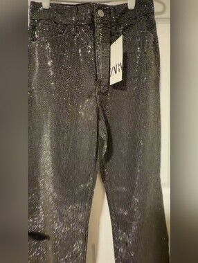 ZARA WOMAN NEW STRAIGHT CUT MID RISE RHINESTONE JEANS ZW COLLECTION 3991/240/800